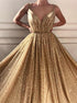 A Line Spaghetti Straps Sleeveless Gold Long Tulle Prom Dress LBQ2395